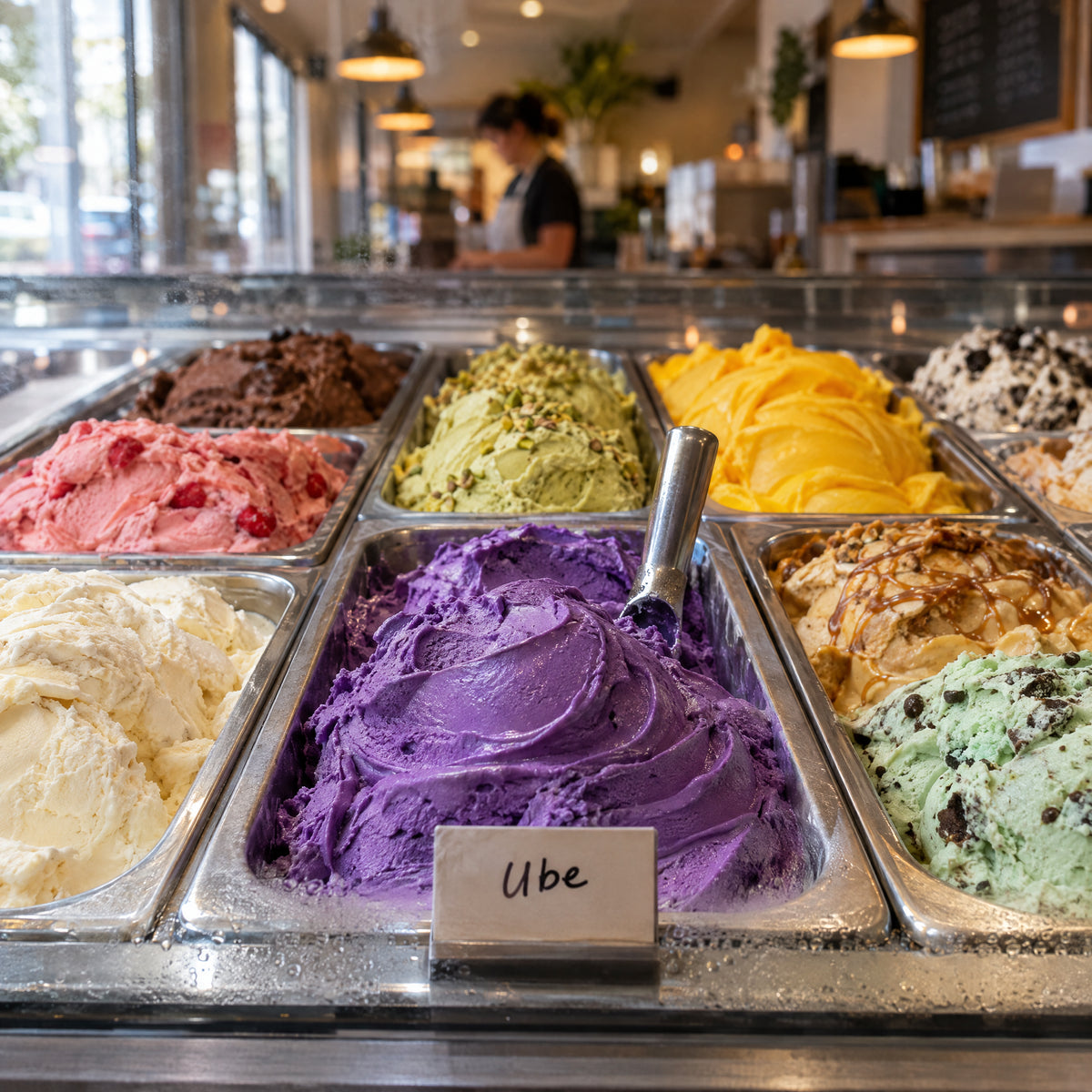 Tub of purple ube ice cream in a gelato display case at an ice cream shop