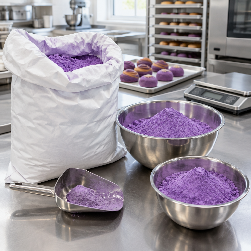 Bulk ube powder from a US ube powder supplier on a professional kitchen prep table