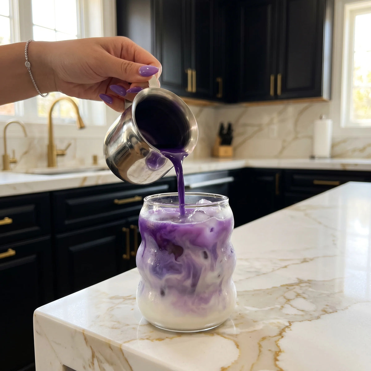 Layered iced ube latte made with ube powder