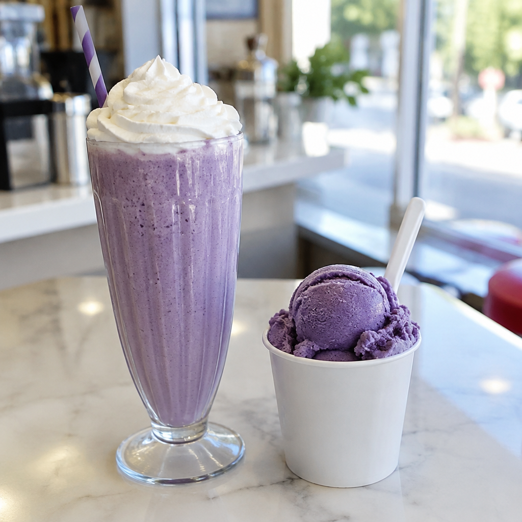 Ube milkshake and ube gelato served in an ice cream shop